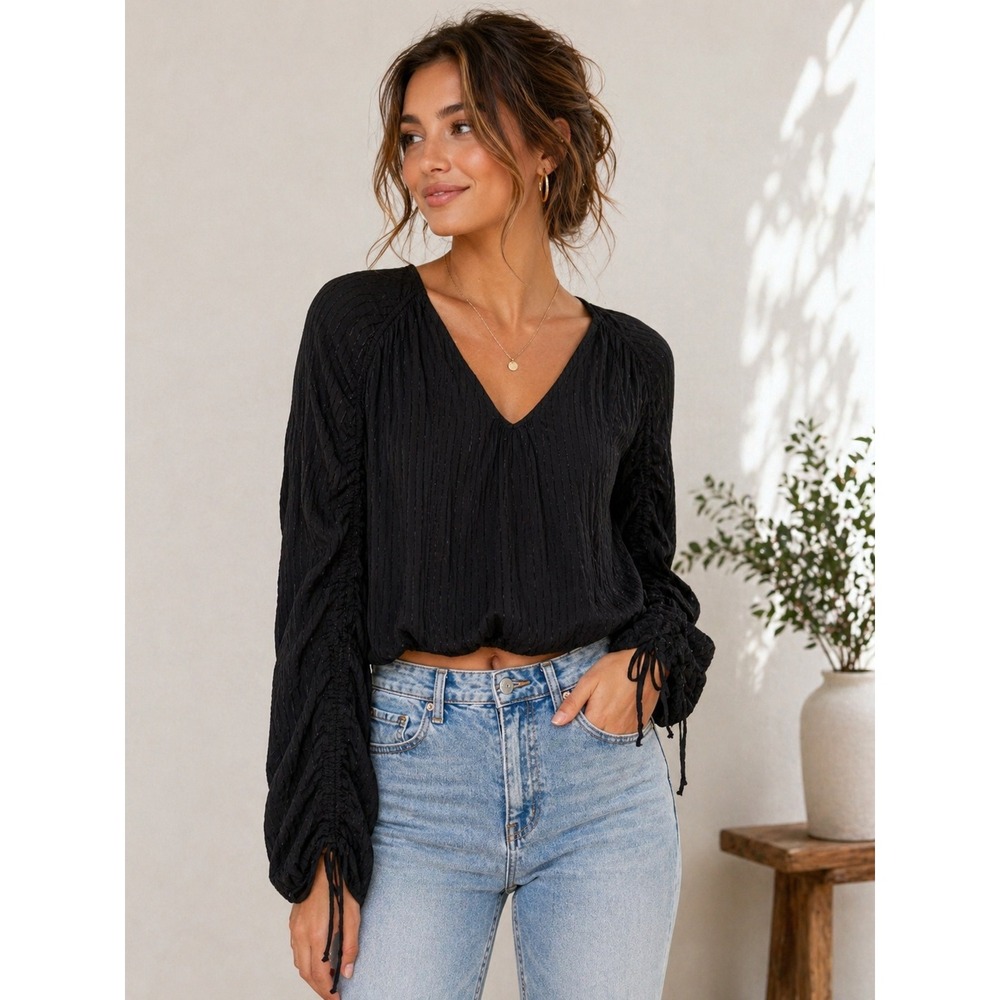 Black Textured Cropped Blouse Ruched Tie Sleeve V Neck Boho ASTR Small‎